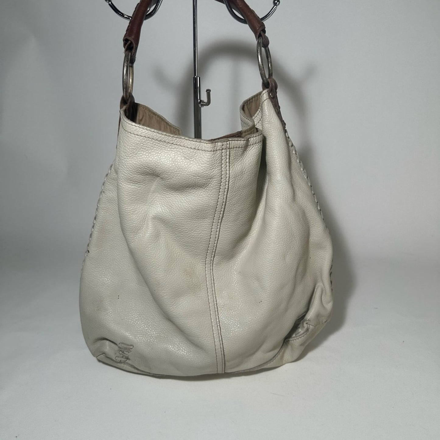 White and Brown Hobo Bag with Textured Leather and Slouchy Shape
