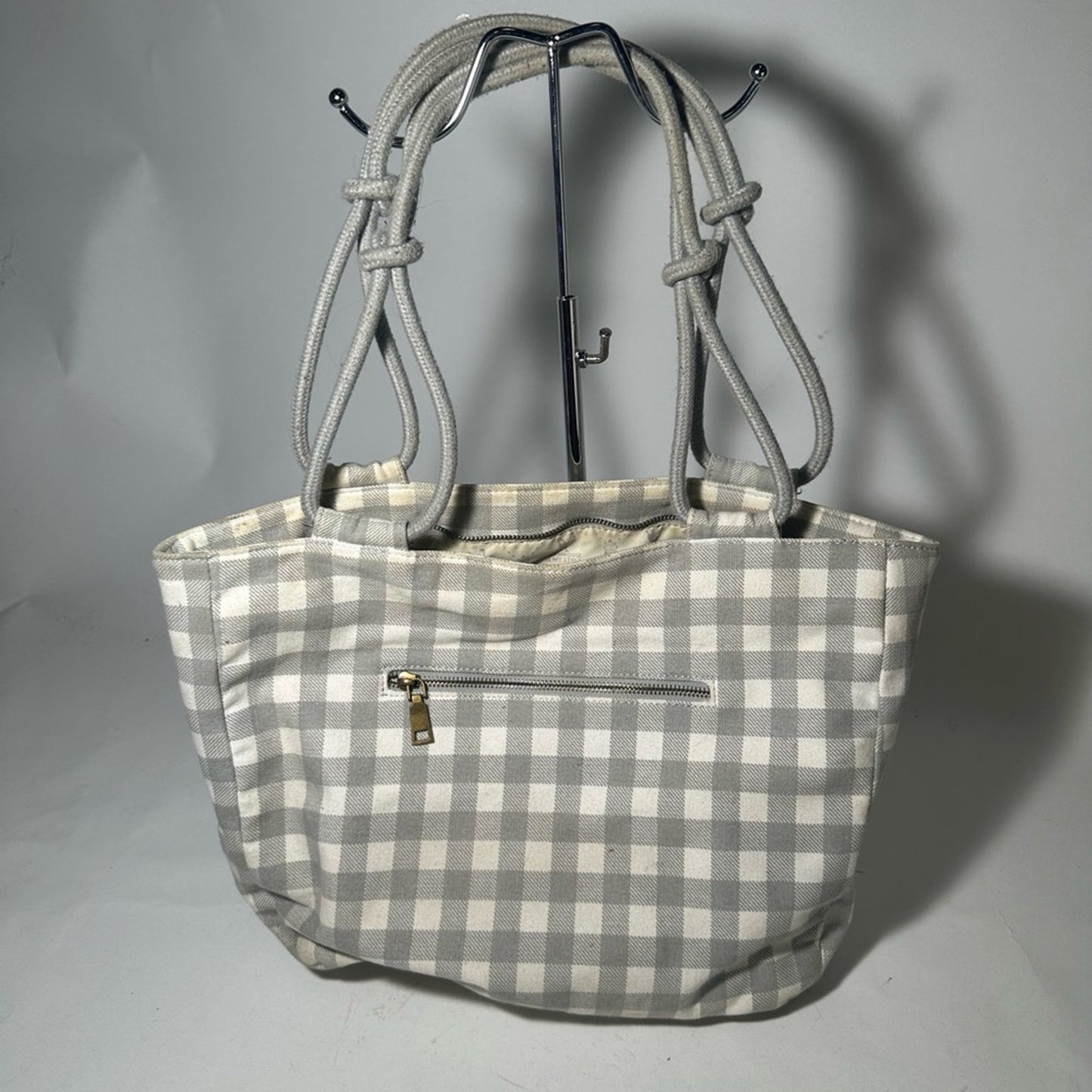 Gray Checkered Tote with Structured Design
