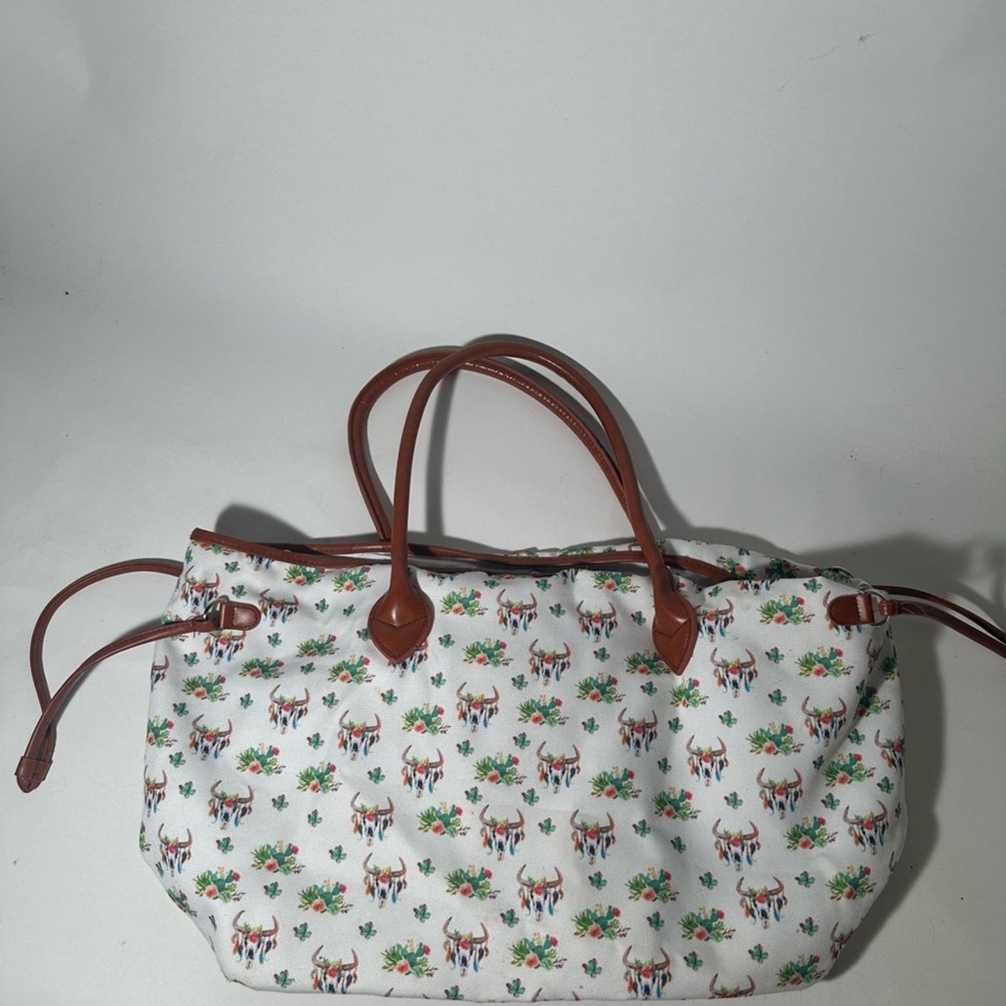 Chic White and Brown Floral Tote with Leather Trim