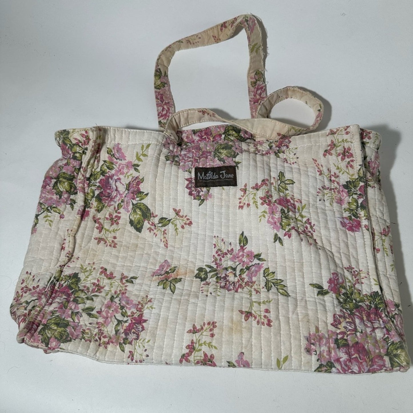 Elegant Cream and Pink Floral Tote Bag with Quilted Design