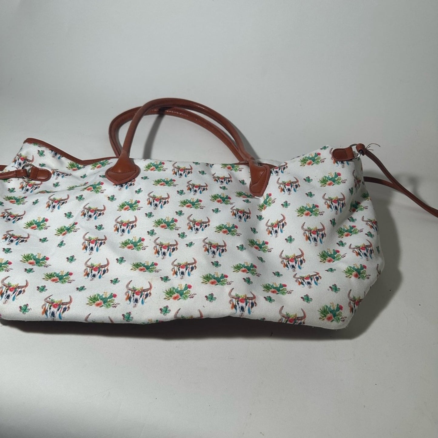 Chic White and Brown Floral Tote with Leather Trim