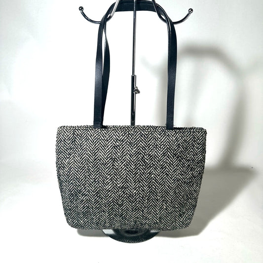Black and White Tote with Textured Fabric and Long Handles