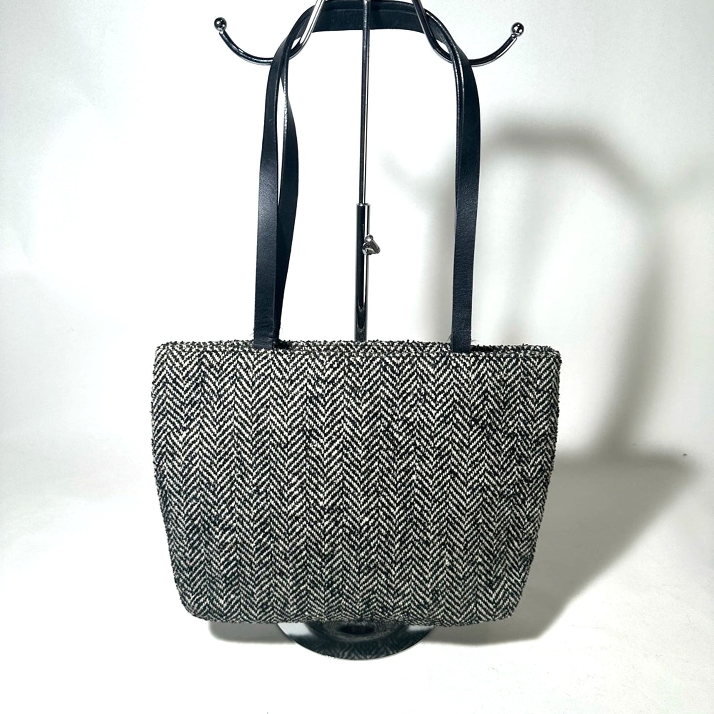 Black and White Tote with Textured Fabric and Long Handles