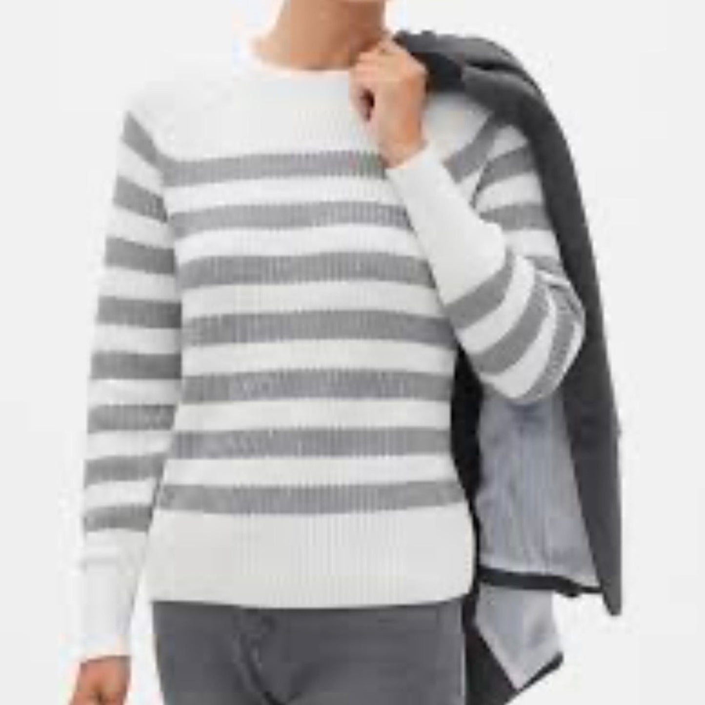 Banana Republic Gray and White Crew Neck Sweater with Stripes