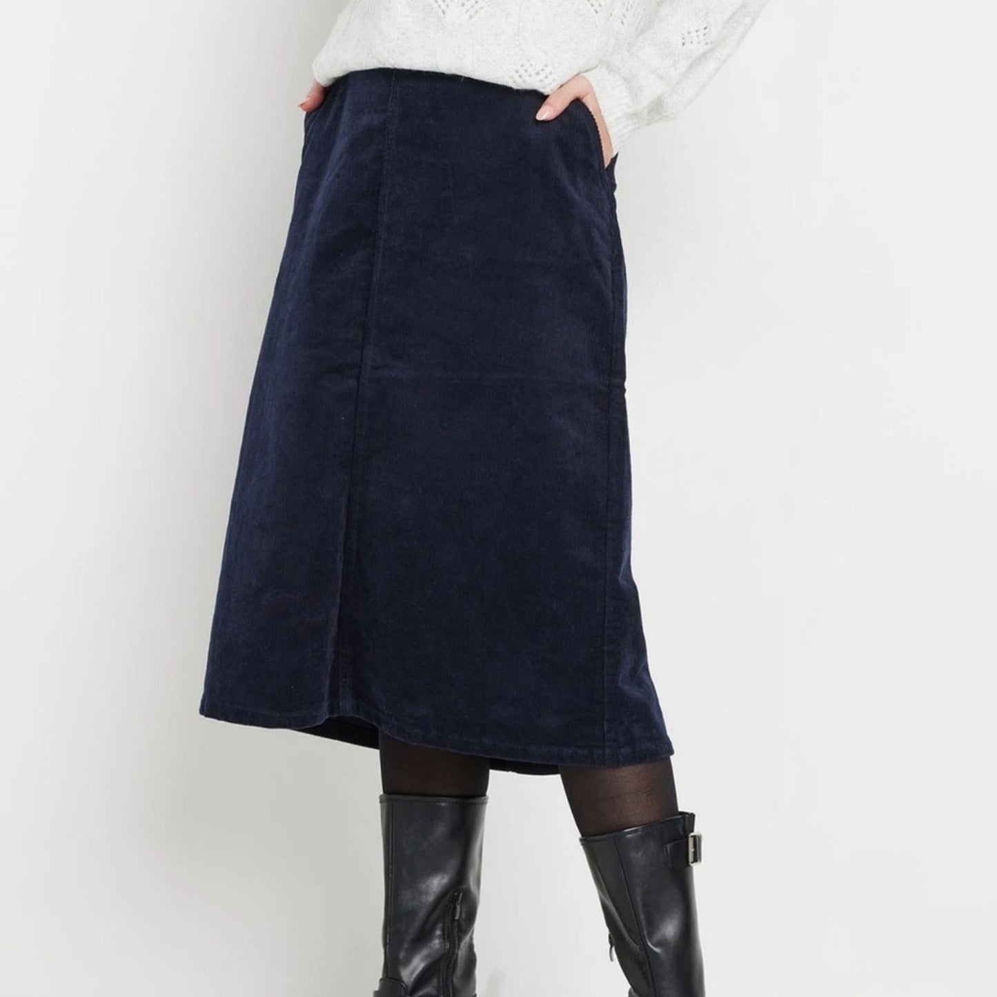 Blue A-Line Midi Skirt with Slit for Work