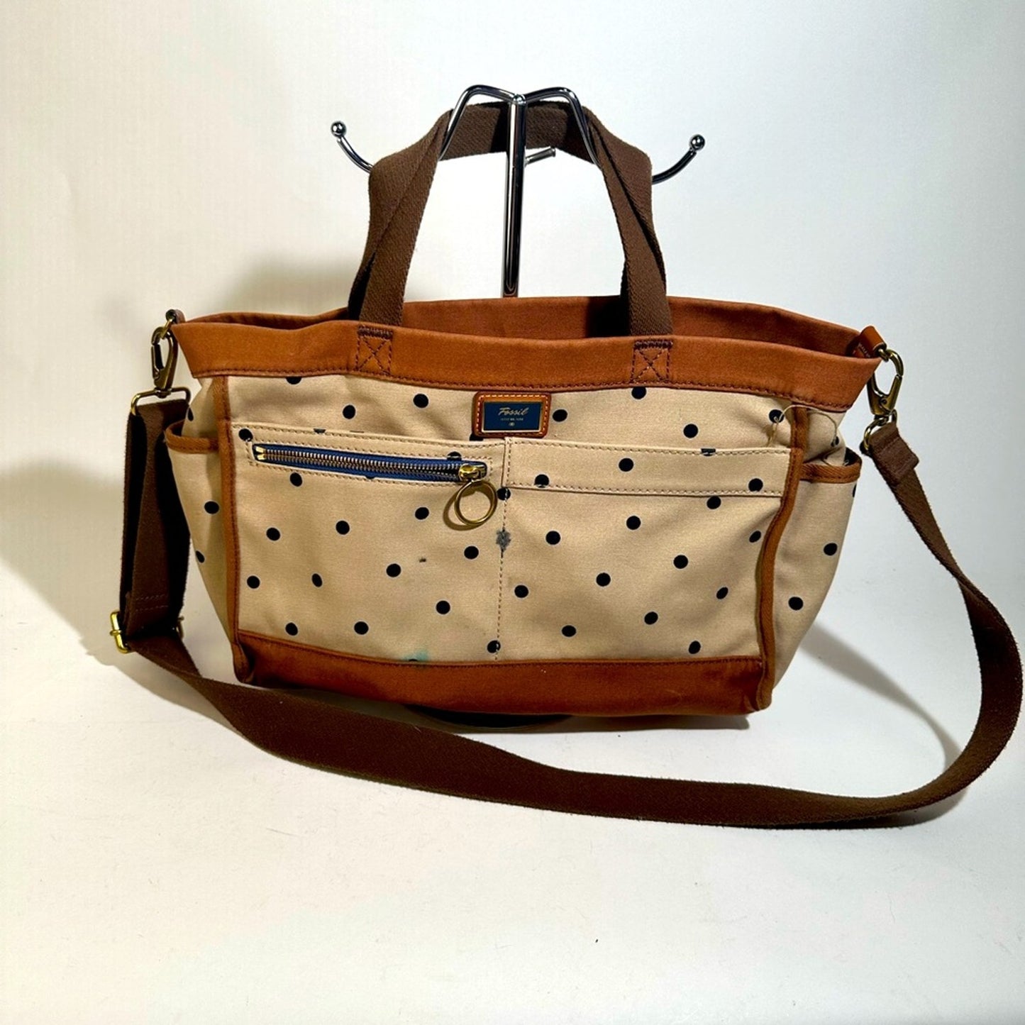 Fossil 1954 Passport Black Dots Brown Canvas Zip Weekender Purse Crossbody Tote