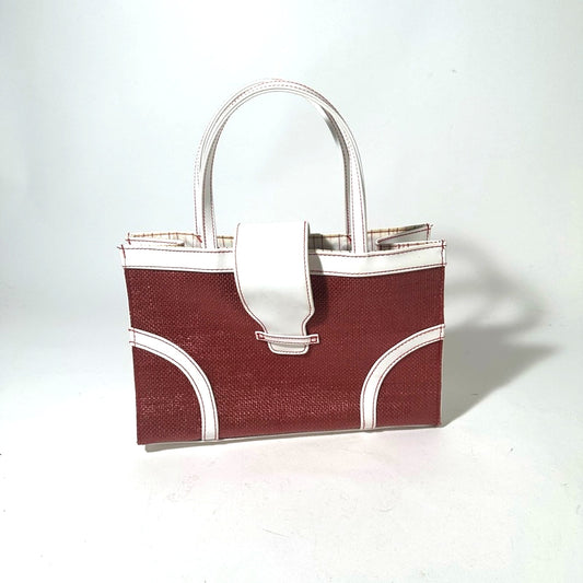 Red and White Structured Tote with Geometric Design