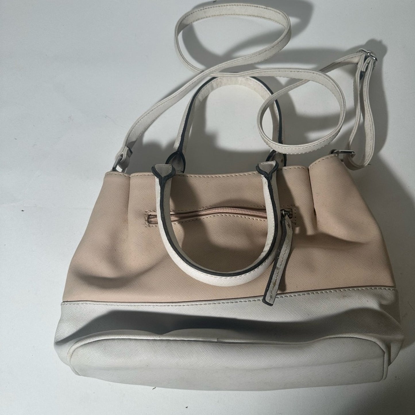Nine West Cream and White Satchel with Double Handles and Silver Hardware