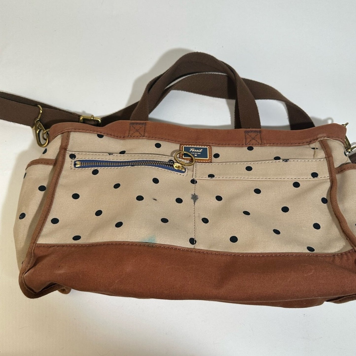Fossil 1954 Passport Black Dots Brown Canvas Zip Weekender Purse Crossbody Tote