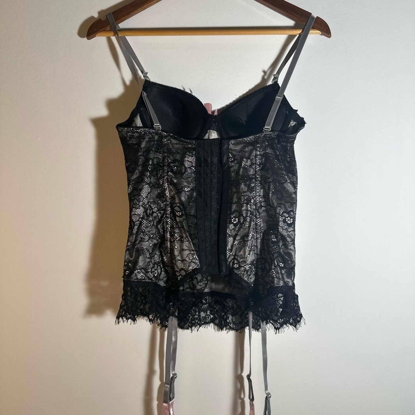 Y2K Elegant Black Lace Corset Bustier with Pink Accents