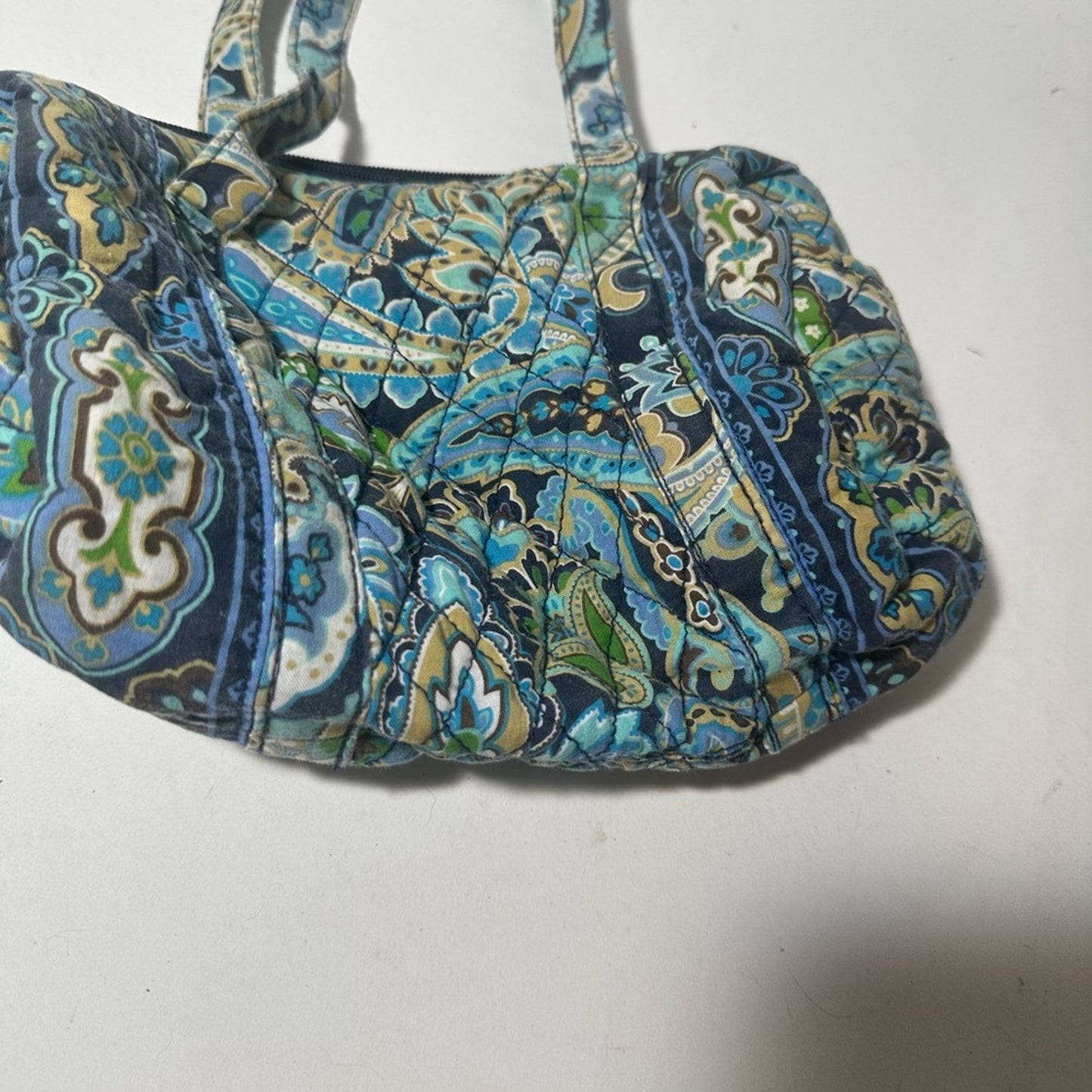 Blue and Green Quilted Shoulder Bag with Paisley Pattern