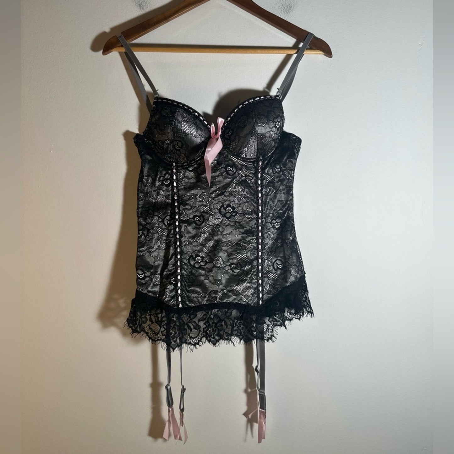 Y2K Elegant Black Lace Corset Bustier with Pink Accents