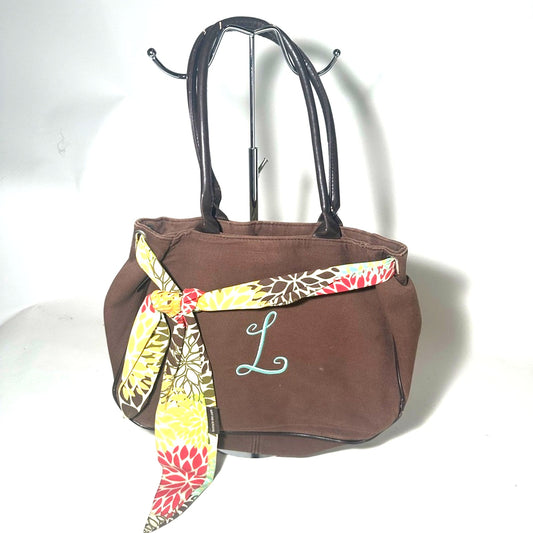 Brown Tote Bag with Colorful Scarf Accent