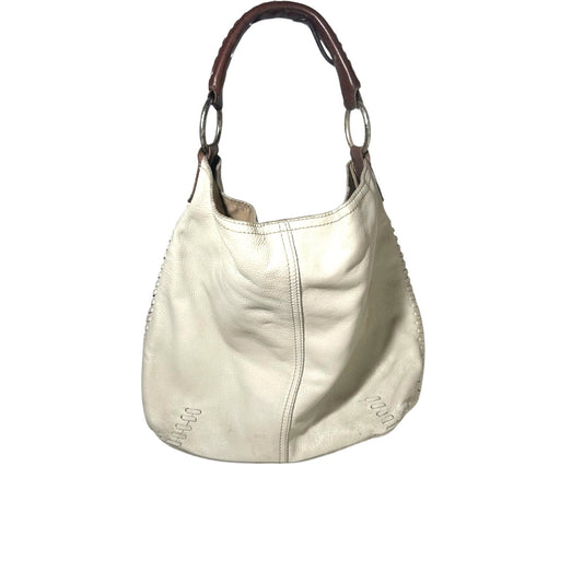 White and Brown Hobo Bag with Textured Leather and Slouchy Shape