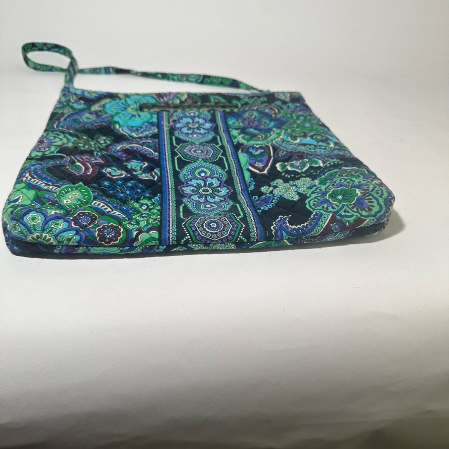 Vibrant Green and Blue Shoulder Bag with Floral Paisley Design