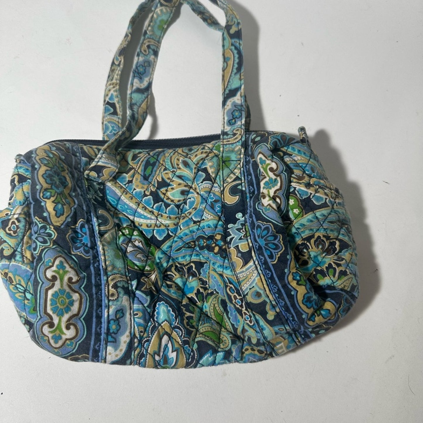 Blue and Green Quilted Shoulder Bag with Paisley Pattern