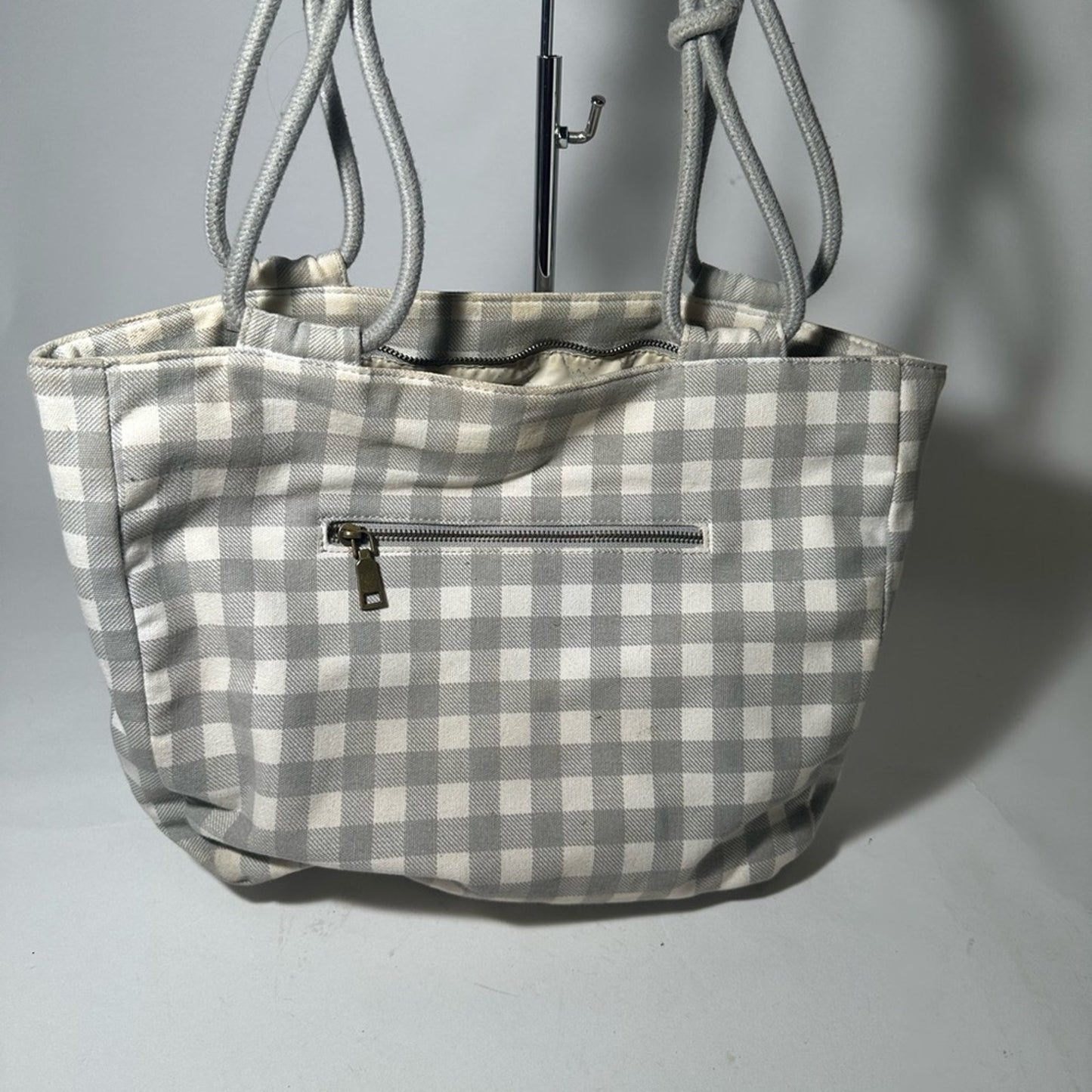 Gray Checkered Tote with Structured Design