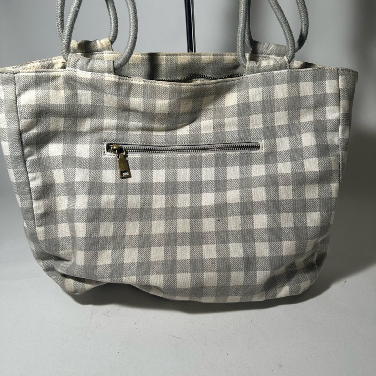 Gray Checkered Tote with Structured Design