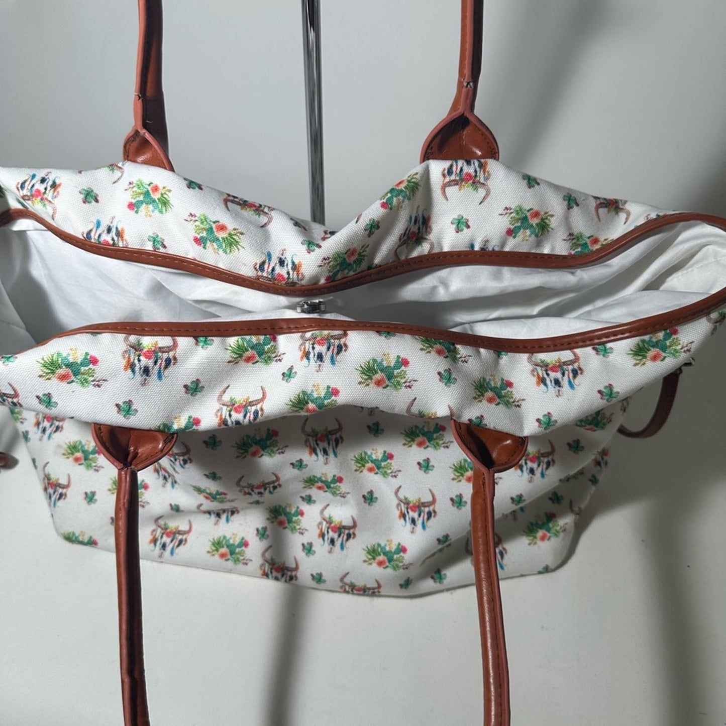 Chic White and Brown Floral Tote with Leather Trim