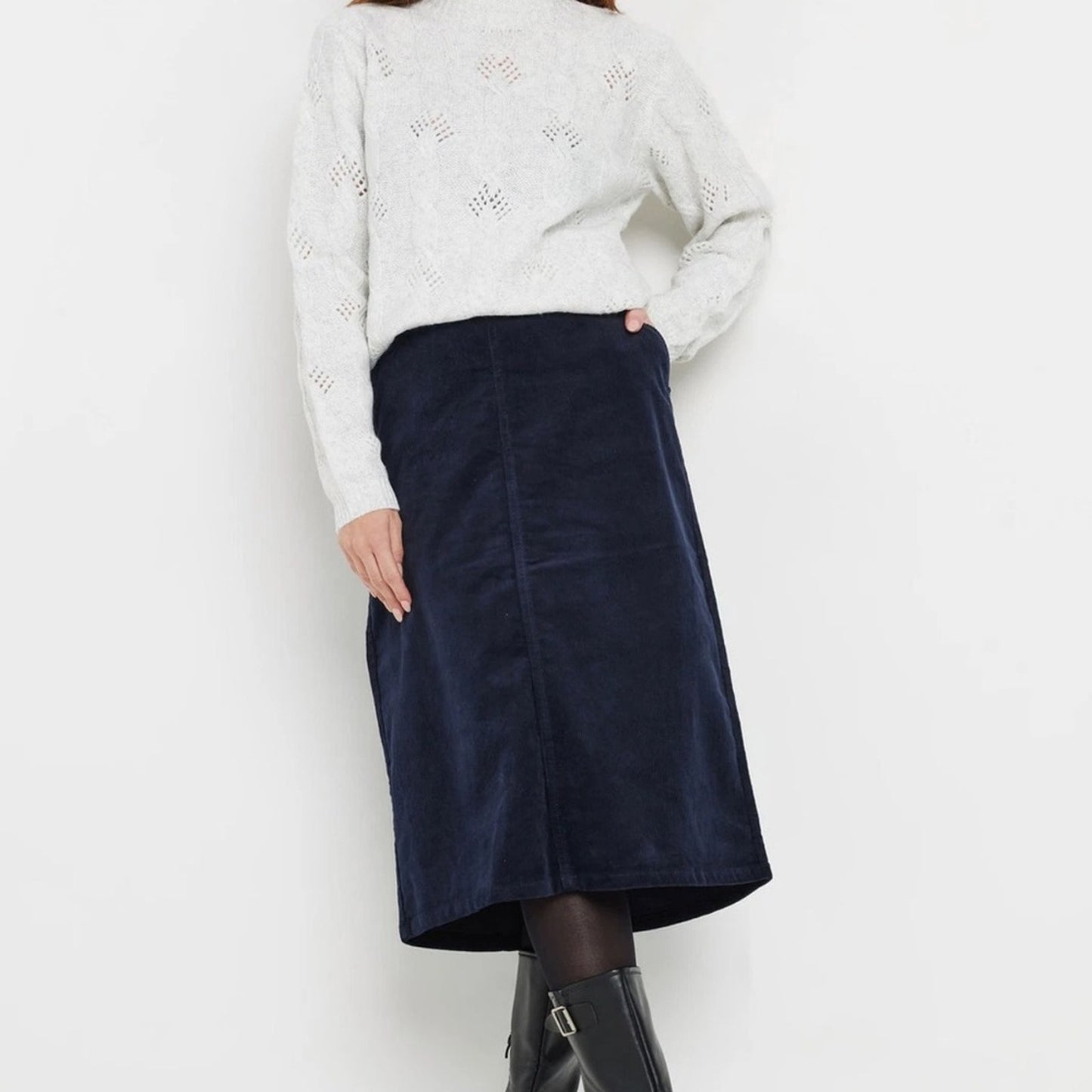 Blue A-Line Midi Skirt with Slit for Work