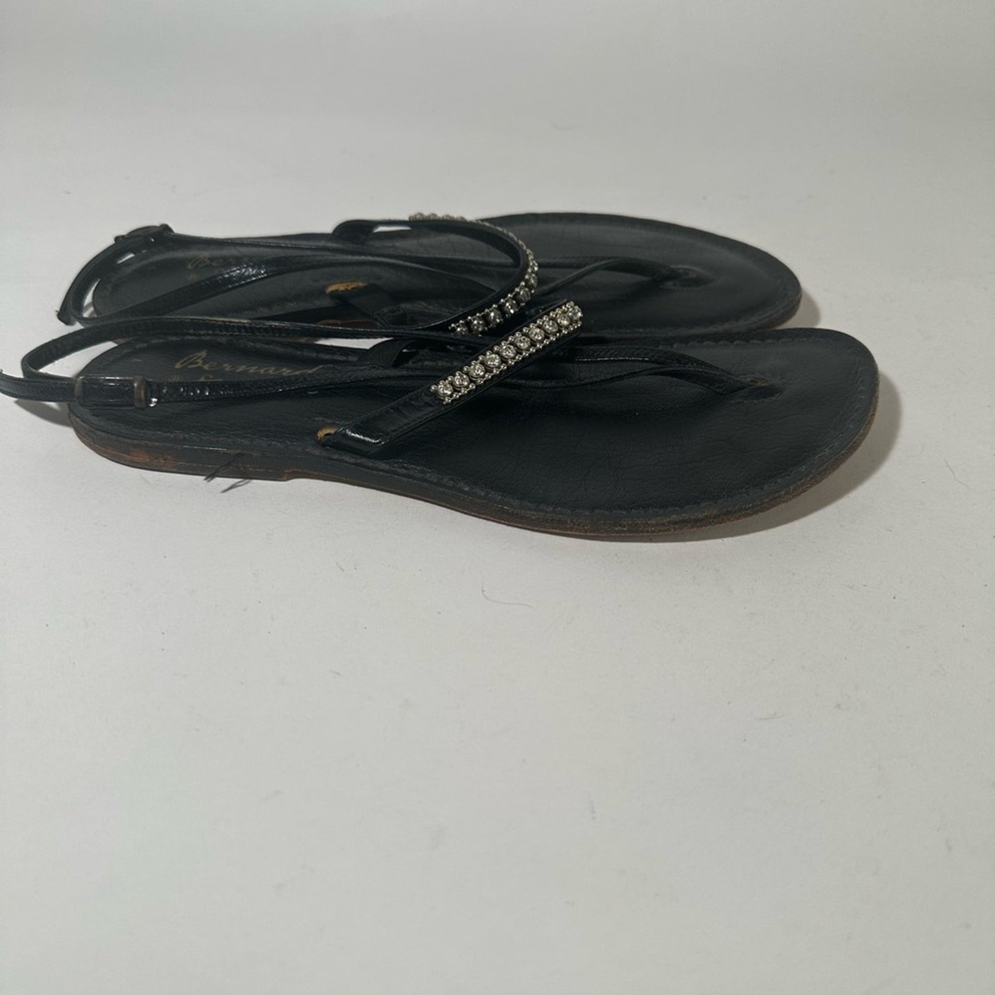 Black Sandals with Rhinestone Embellished Strap and Flat Sole