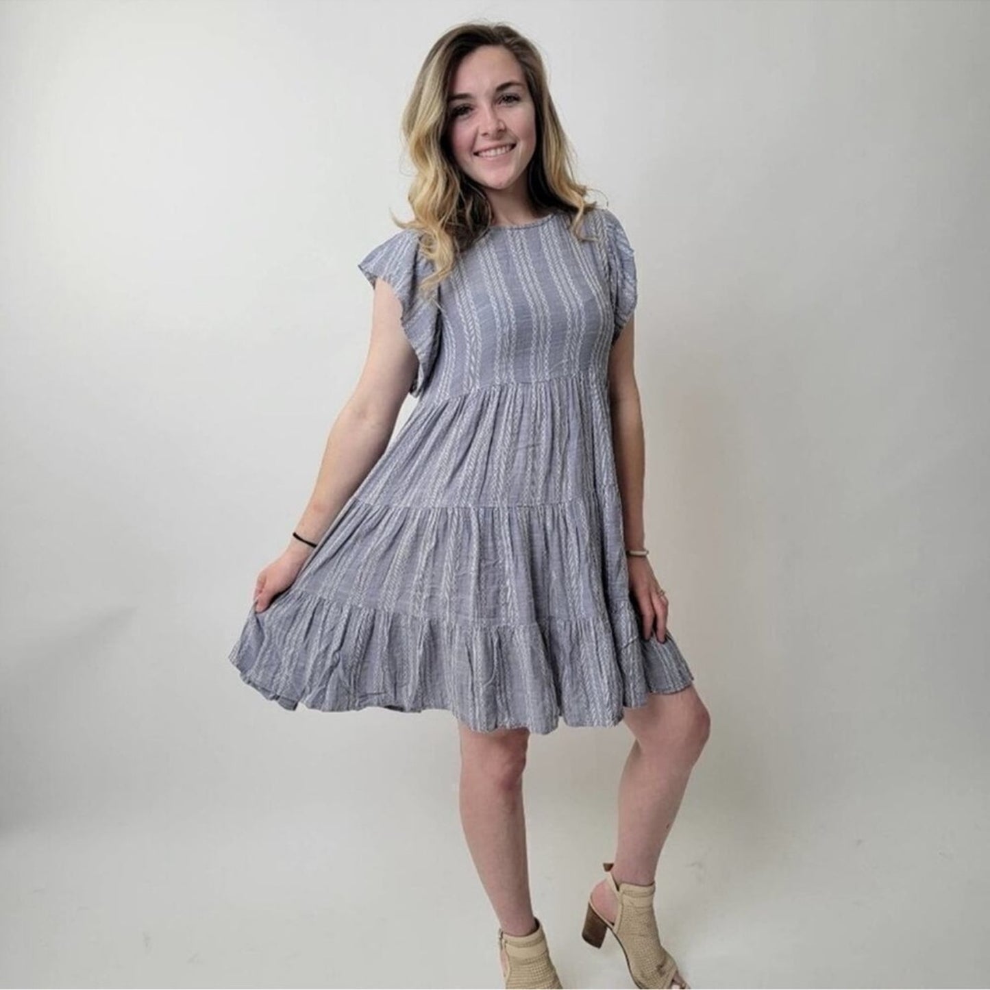 Elan Tiered Blue Grey Dress