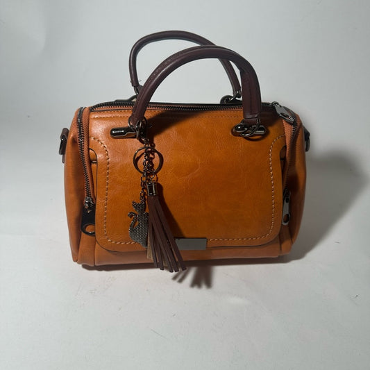 Elegant Tan and Brown Leather Satchel with Tassel Detail