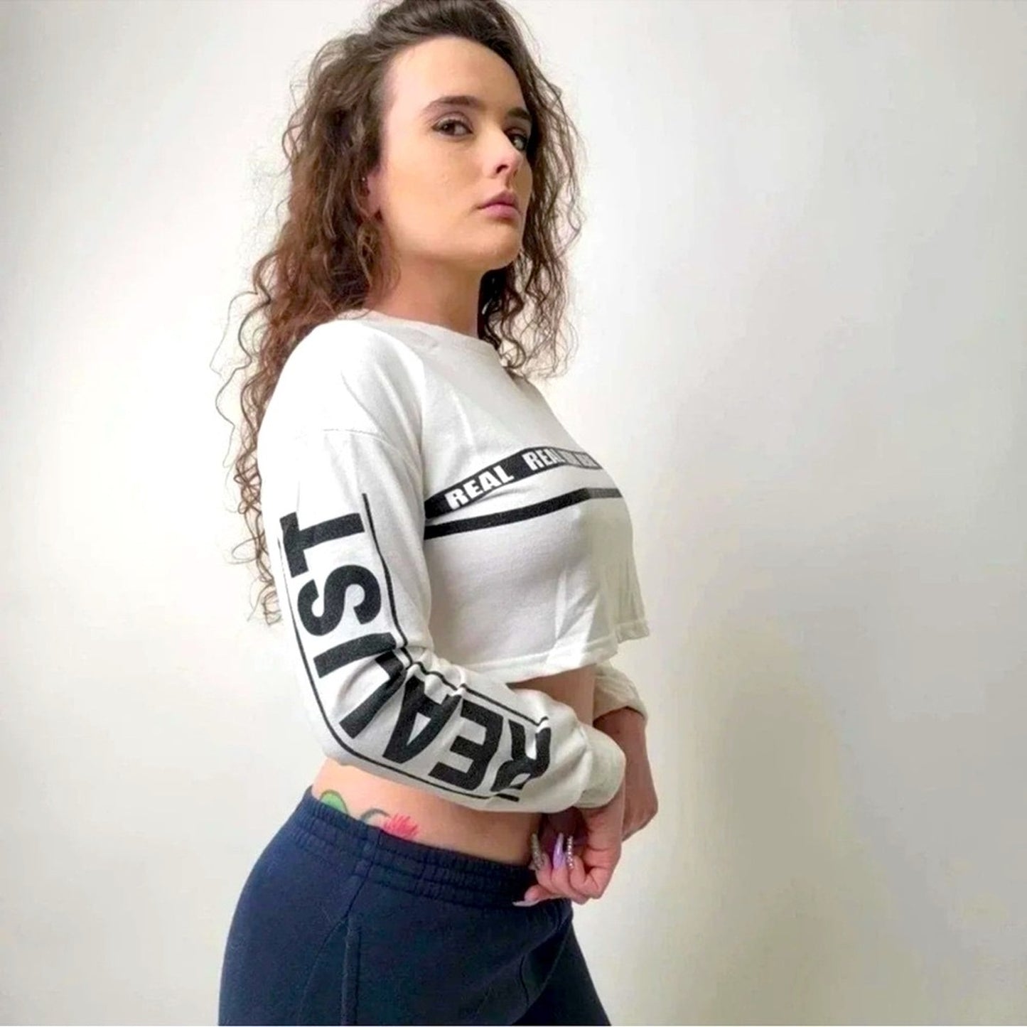 White Cropped Sweatshirt with Black Lettering