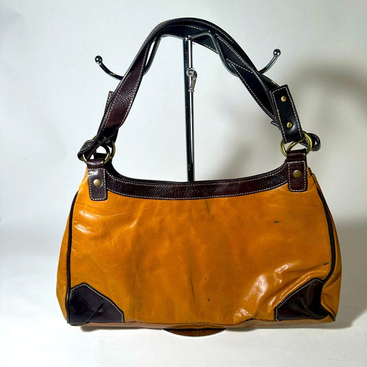 Elegant Brown and Black Leather Shoulder Bag with Adjustable Strap