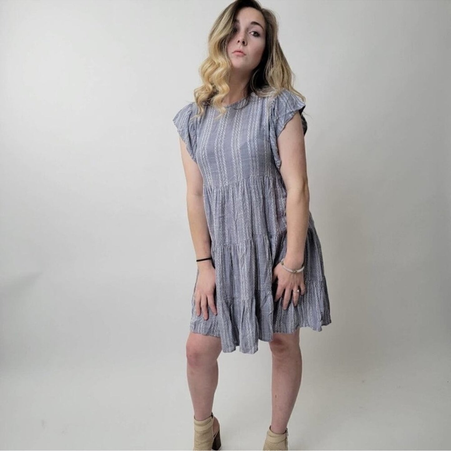Elan Tiered Blue Grey Dress