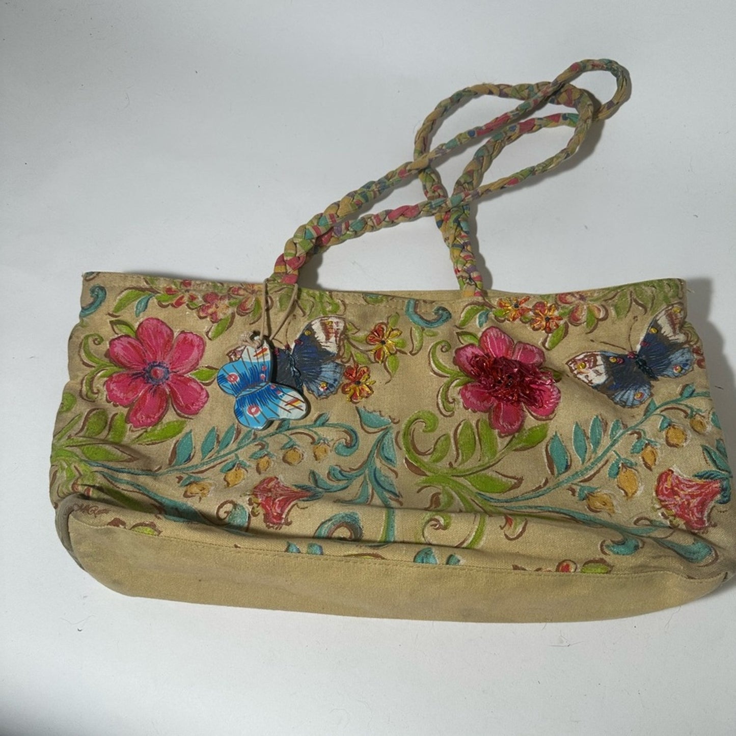 Kate McRostie Butterfly Tan and Pink Floral Tote Bag with Dual Handles