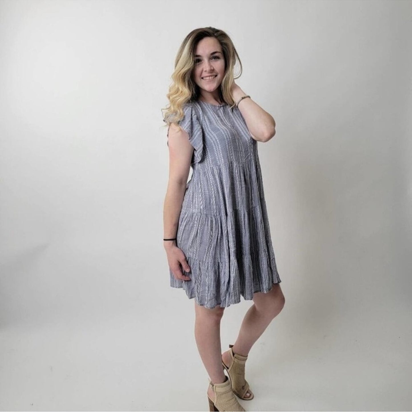 Elan Tiered Blue Grey Dress