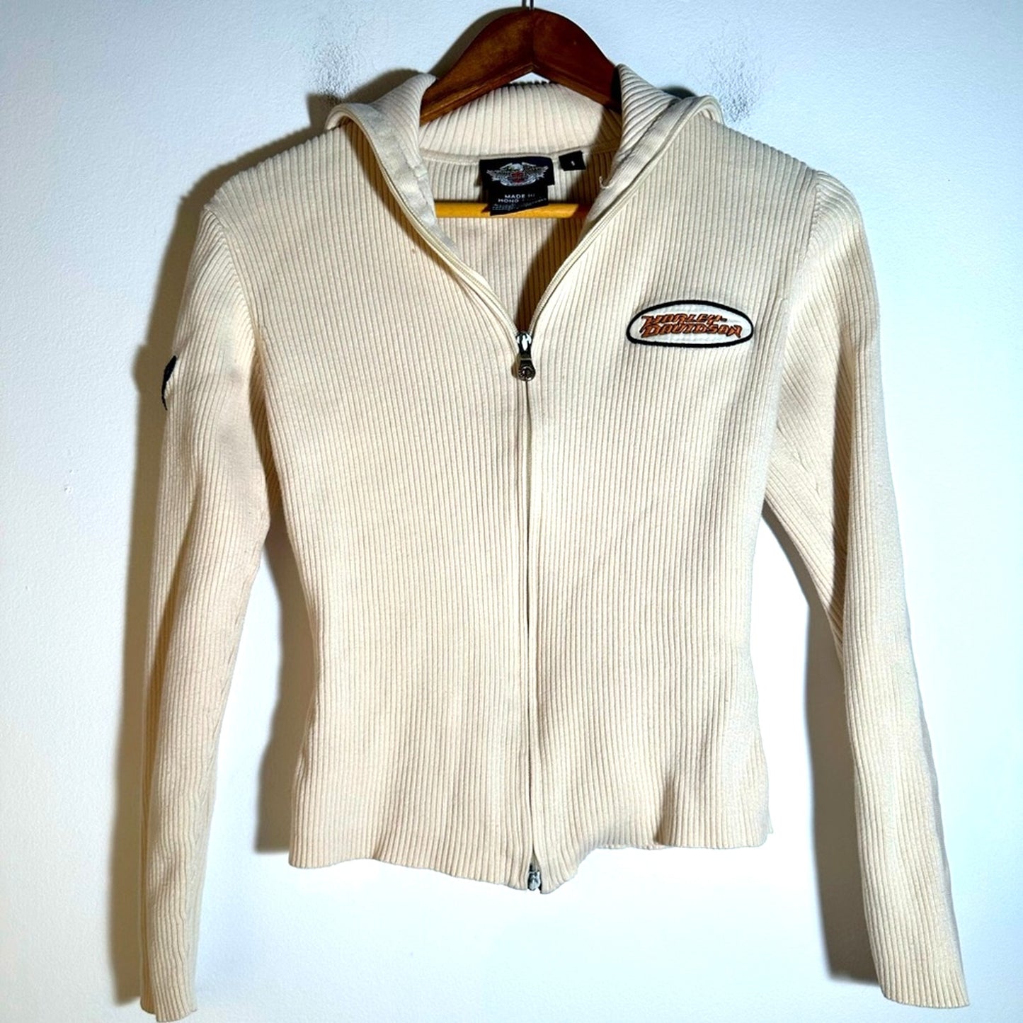 Vintage Harley - Davidson Cream Zip-Up Ribbed Jacket