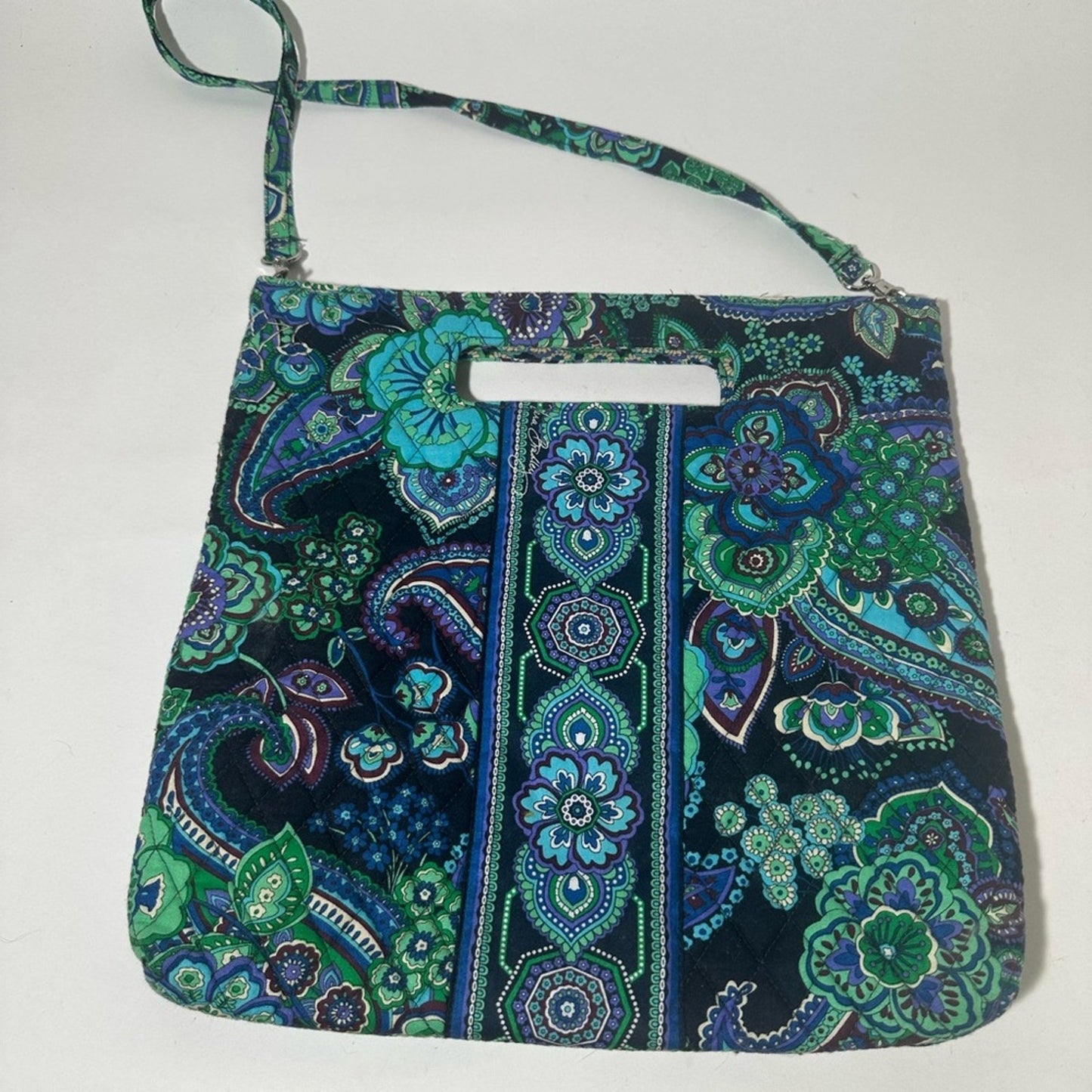 Vibrant Green and Blue Shoulder Bag with Floral Paisley Design