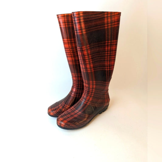 Red Plaid Rain Boots - 9
