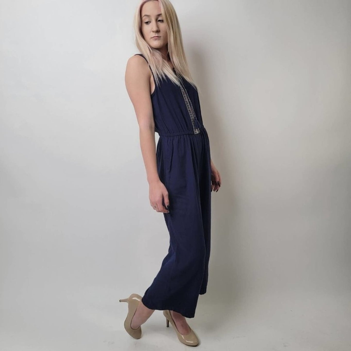 Tassel-Tie Wide-Leg Linen Romper - S