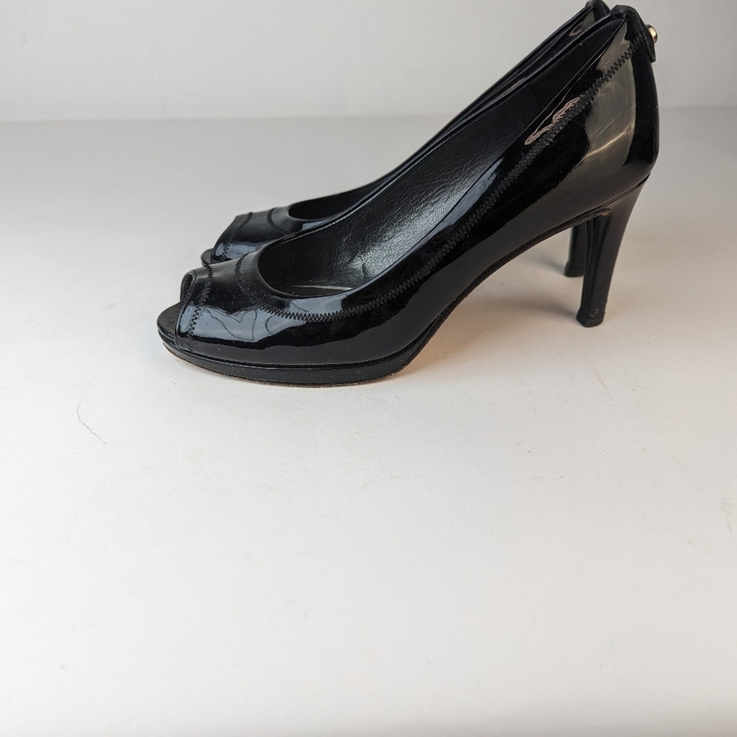 Stuart Weitzman Black Patent Leather Peep Toe Heels - 8
