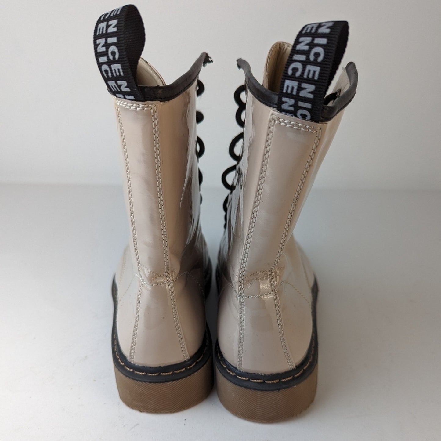 Lady Godiva Vegan Patent Leather Combat Boots - 9