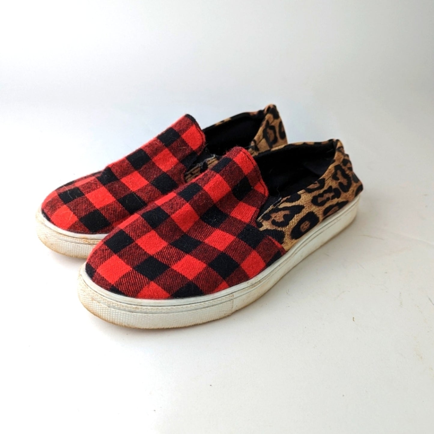 Plaid Leopard Slip Ons - 9