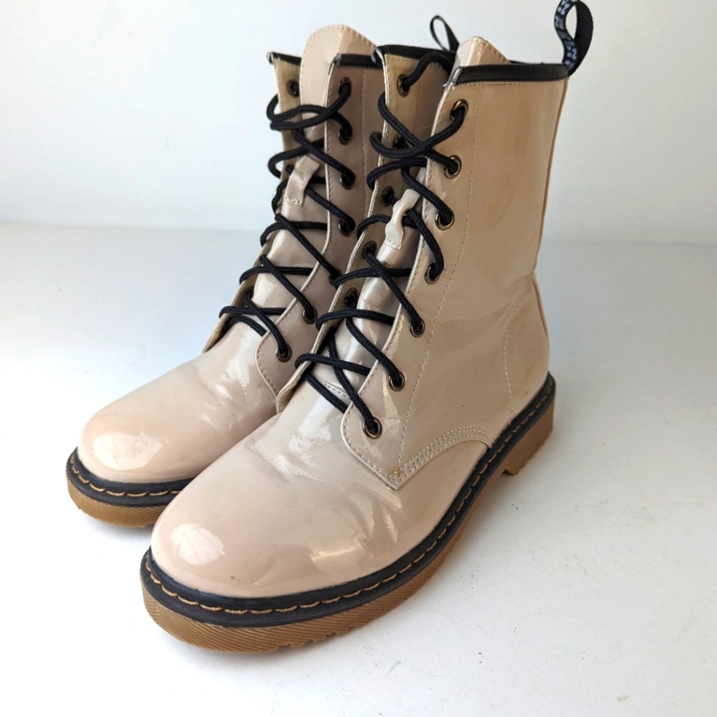 Lady Godiva Vegan Patent Leather Combat Boots - 9