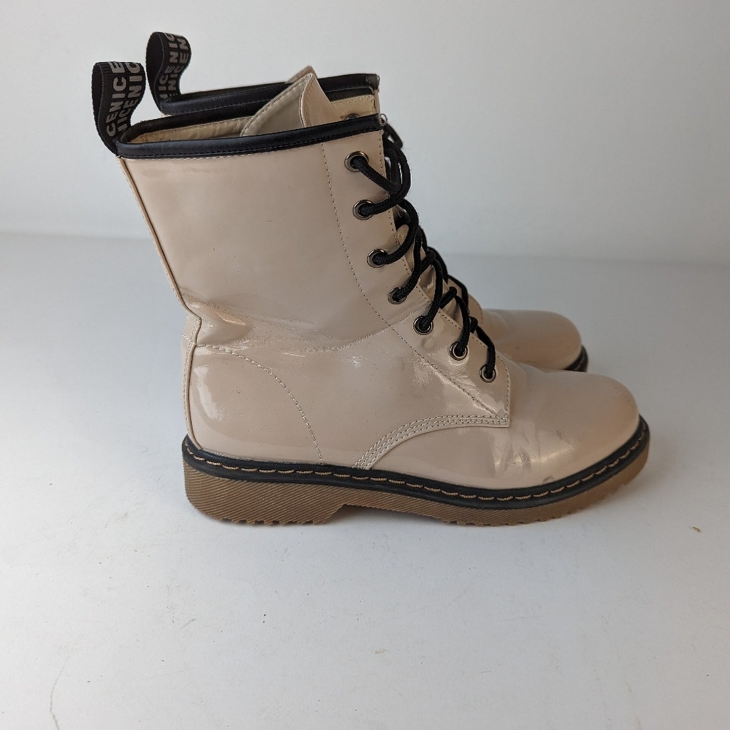 Lady Godiva Vegan Patent Leather Combat Boots - 9