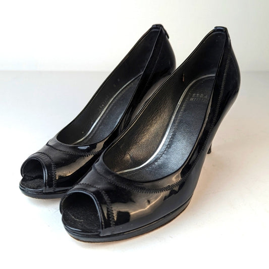Stuart Weitzman Black Patent Leather Peep Toe Heels - 8