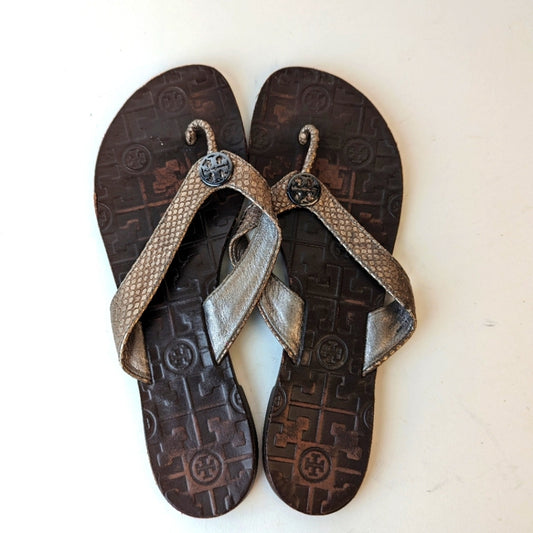 Tory Burch Thora Metallic Snakeskin Leather Flip Flops / 9