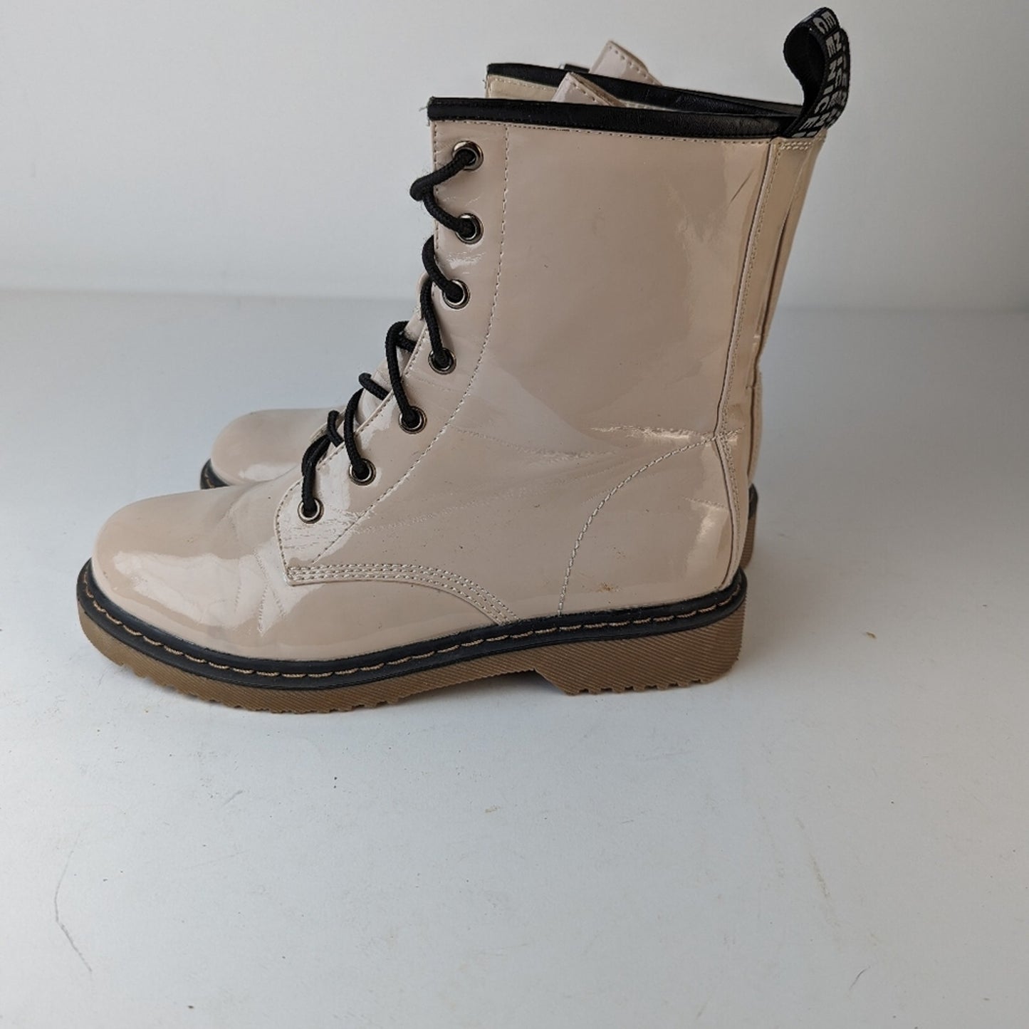 Lady Godiva Vegan Patent Leather Combat Boots - 9