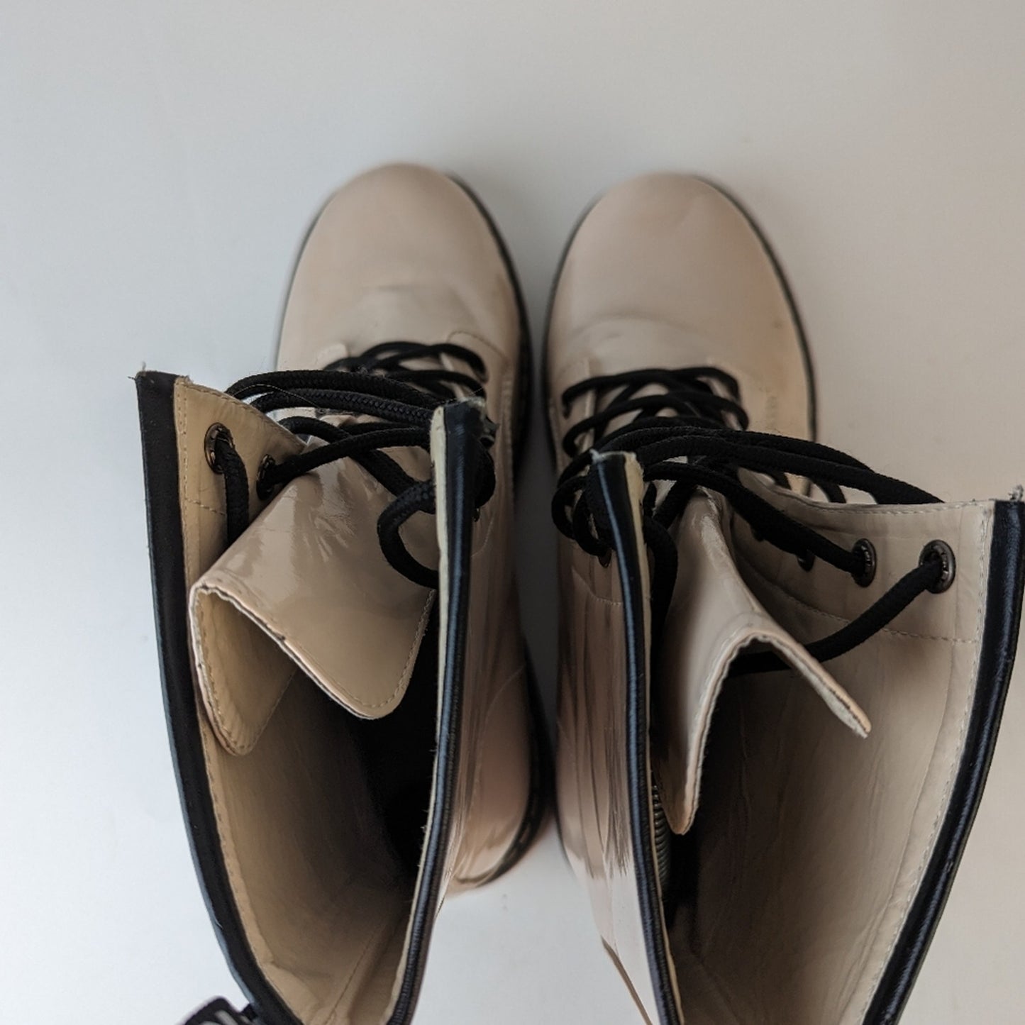 Lady Godiva Vegan Patent Leather Combat Boots - 9
