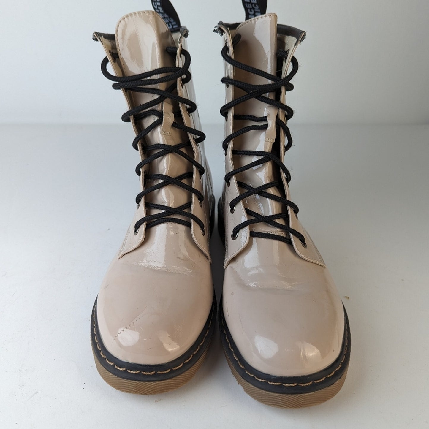 Lady Godiva Vegan Patent Leather Combat Boots - 9